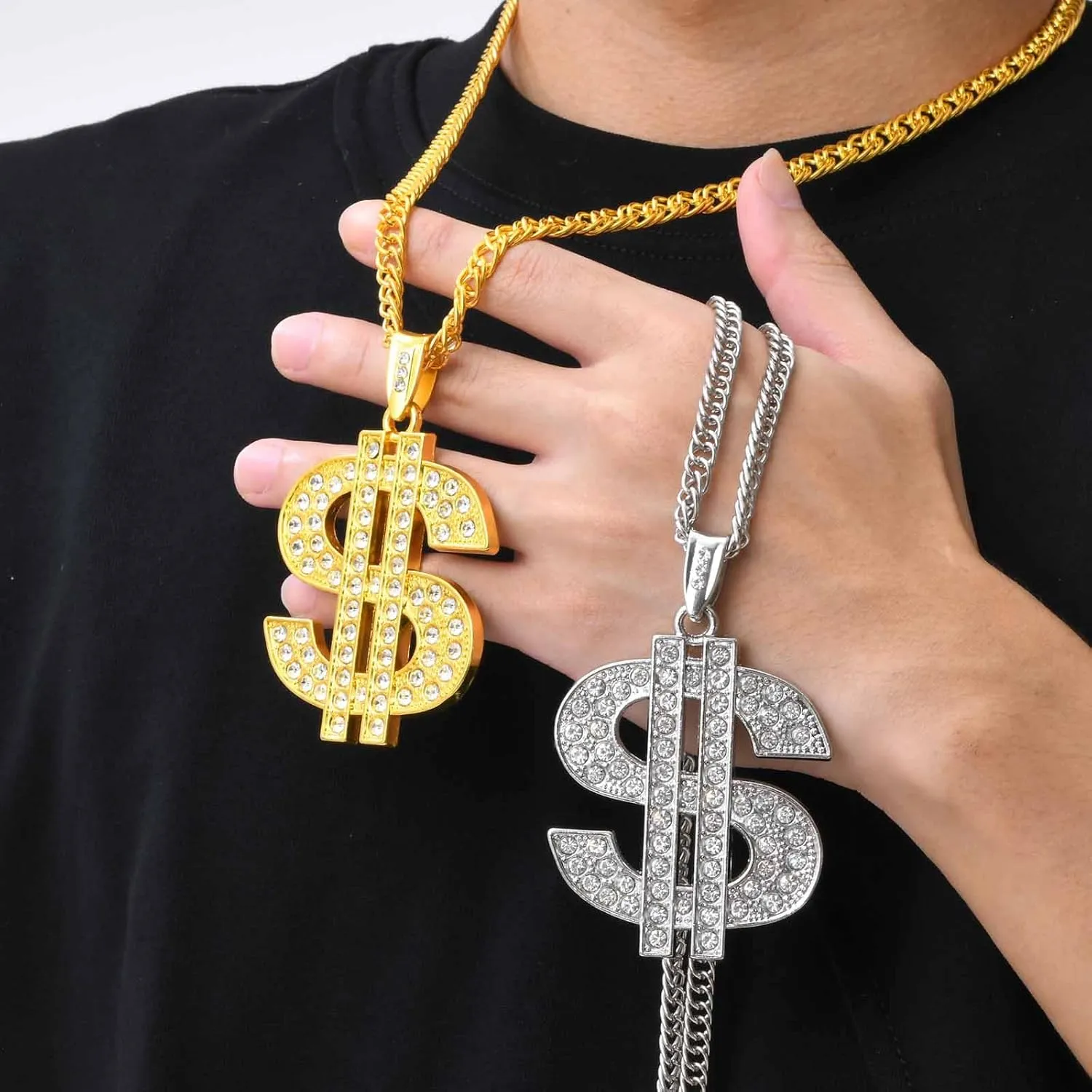 2 Pcs Cuban Link Gold Chain Necklace Set, 80s 90s Costume Jewelry With Big Fake Gold Chains, Dollar Sign Pendant, Hip Hop Rapper Costume Accessories for Men Women Halloween Party