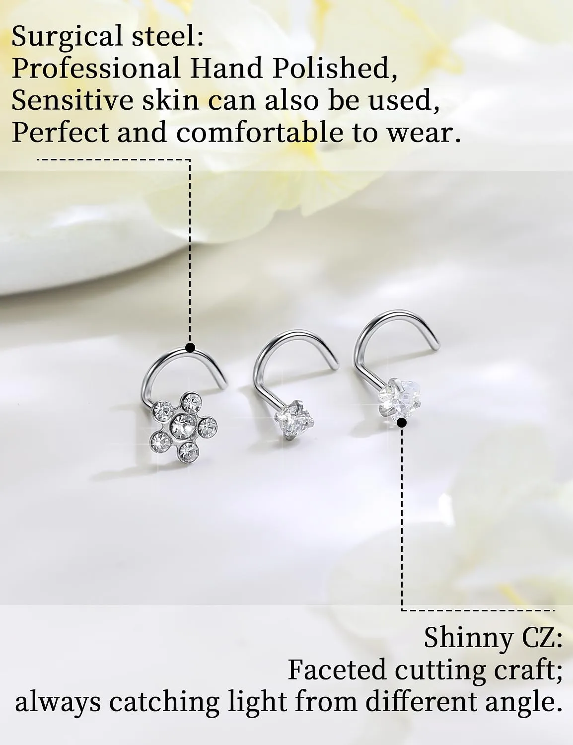 20G 18G Corkscrew Nose Rings Stud Surgical Steel Cubic Zirconia Nose Studs Heart-Shaped Nose Studs for Women Men Curved Screw Stud Nose Piercing Jewelry