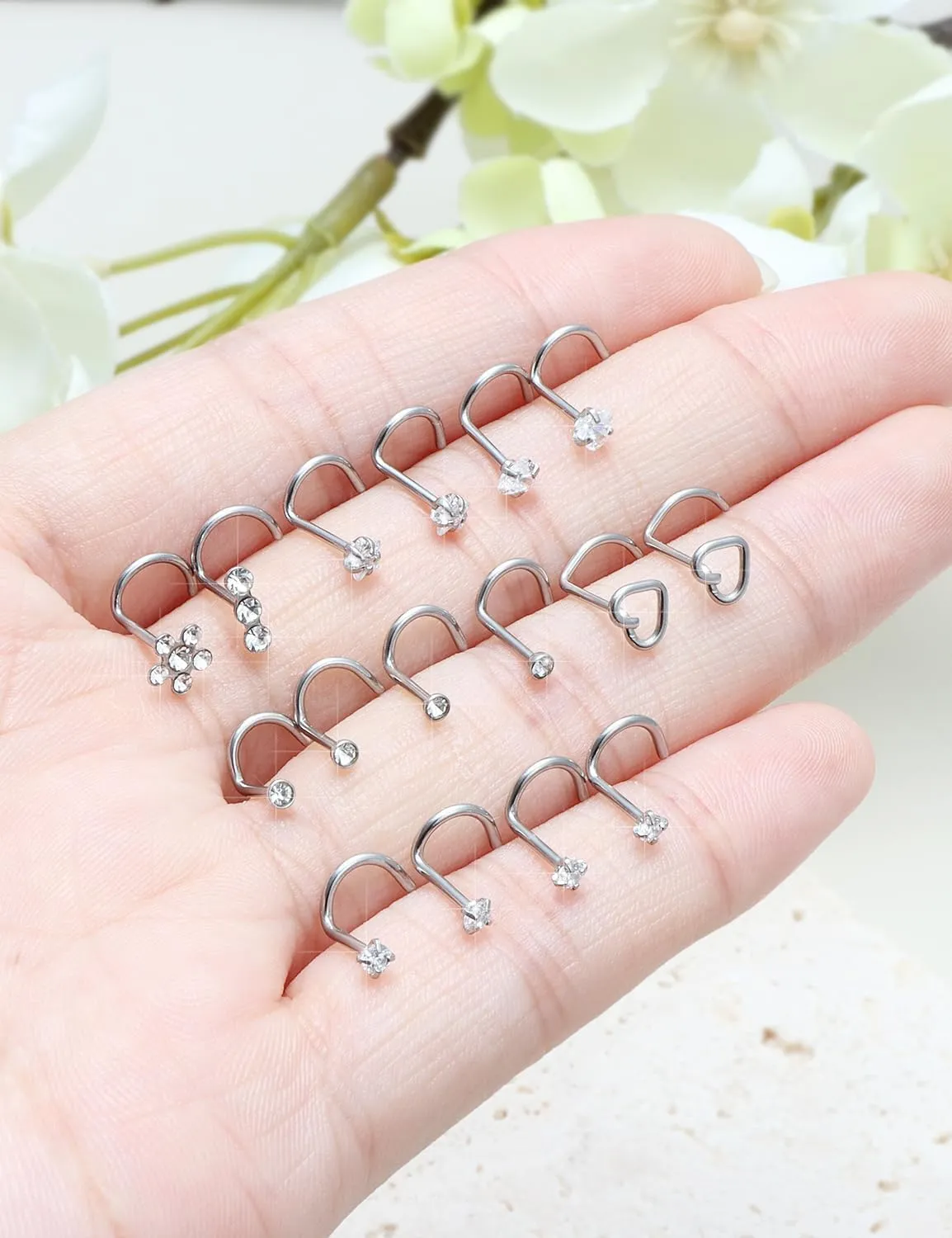 20G 18G Corkscrew Nose Rings Stud Surgical Steel Cubic Zirconia Nose Studs Heart-Shaped Nose Studs for Women Men Curved Screw Stud Nose Piercing Jewelry