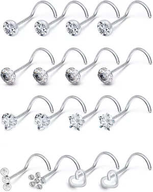 20G 18G Corkscrew Nose Rings Stud Surgical Steel Cubic Zirconia Nose Studs Heart-Shaped Nose Studs for Women Men Curved Screw Stud Nose Piercing Jewelry