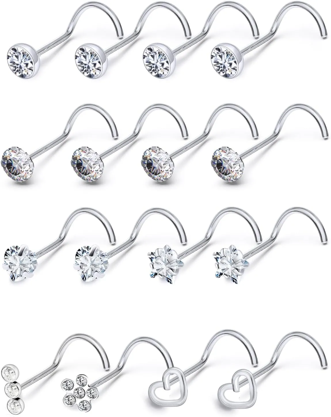 20G 18G Corkscrew Nose Rings Stud Surgical Steel Cubic Zirconia Nose Studs Heart-Shaped Nose Studs for Women Men Curved Screw Stud Nose Piercing Jewelry