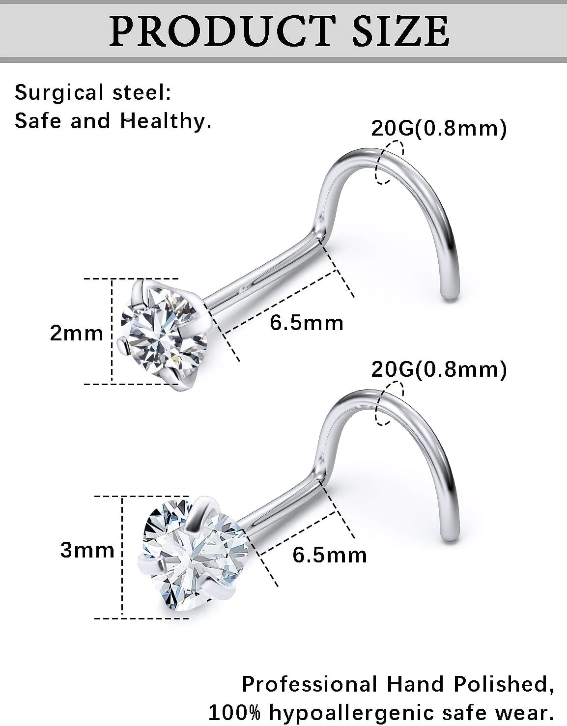20G 18G Corkscrew Nose Rings Stud Surgical Steel Cubic Zirconia Nose Studs Heart-Shaped Nose Studs for Women Men Curved Screw Stud Nose Piercing Jewelry