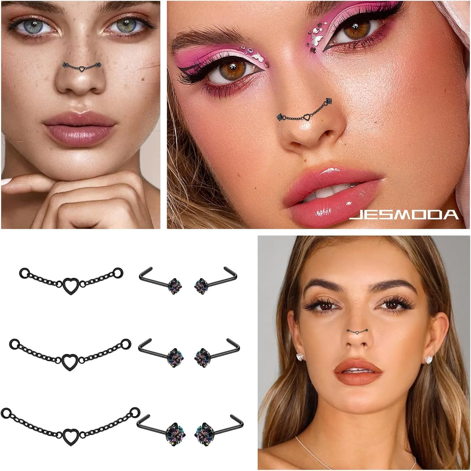 20G Nose Rings Nose Chain Stainless Steel CZ Nose Studs Piercing Across Nose L Shaped S Shaped Heart Nose Piercing Chain Nostril Piercing Jewelry for Women Men