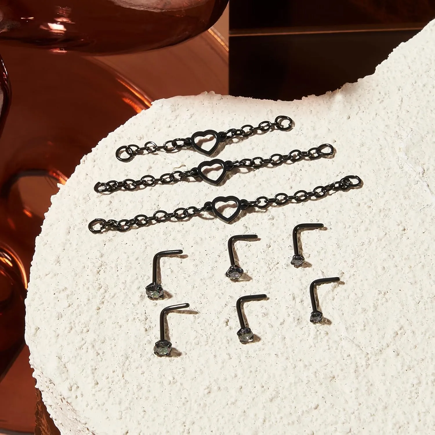 20G Nose Rings Nose Chain Stainless Steel CZ Nose Studs Piercing Across Nose L Shaped S Shaped Heart Nose Piercing Chain Nostril Piercing Jewelry for Women Men