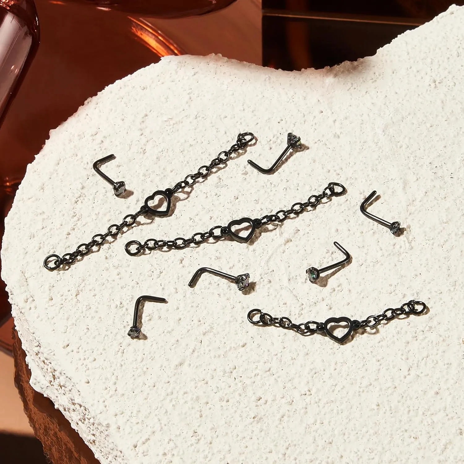20G Nose Rings Nose Chain Stainless Steel CZ Nose Studs Piercing Across Nose L Shaped S Shaped Heart Nose Piercing Chain Nostril Piercing Jewelry for Women Men