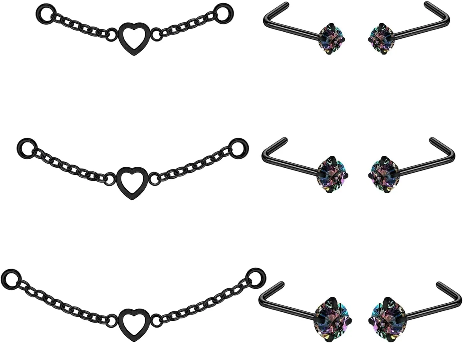 20G Nose Rings Nose Chain Stainless Steel CZ Nose Studs Piercing Across Nose L Shaped S Shaped Heart Nose Piercing Chain Nostril Piercing Jewelry for Women Men