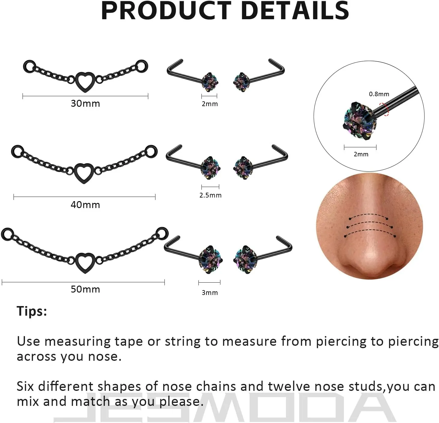 20G Nose Rings Nose Chain Stainless Steel CZ Nose Studs Piercing Across Nose L Shaped S Shaped Heart Nose Piercing Chain Nostril Piercing Jewelry for Women Men