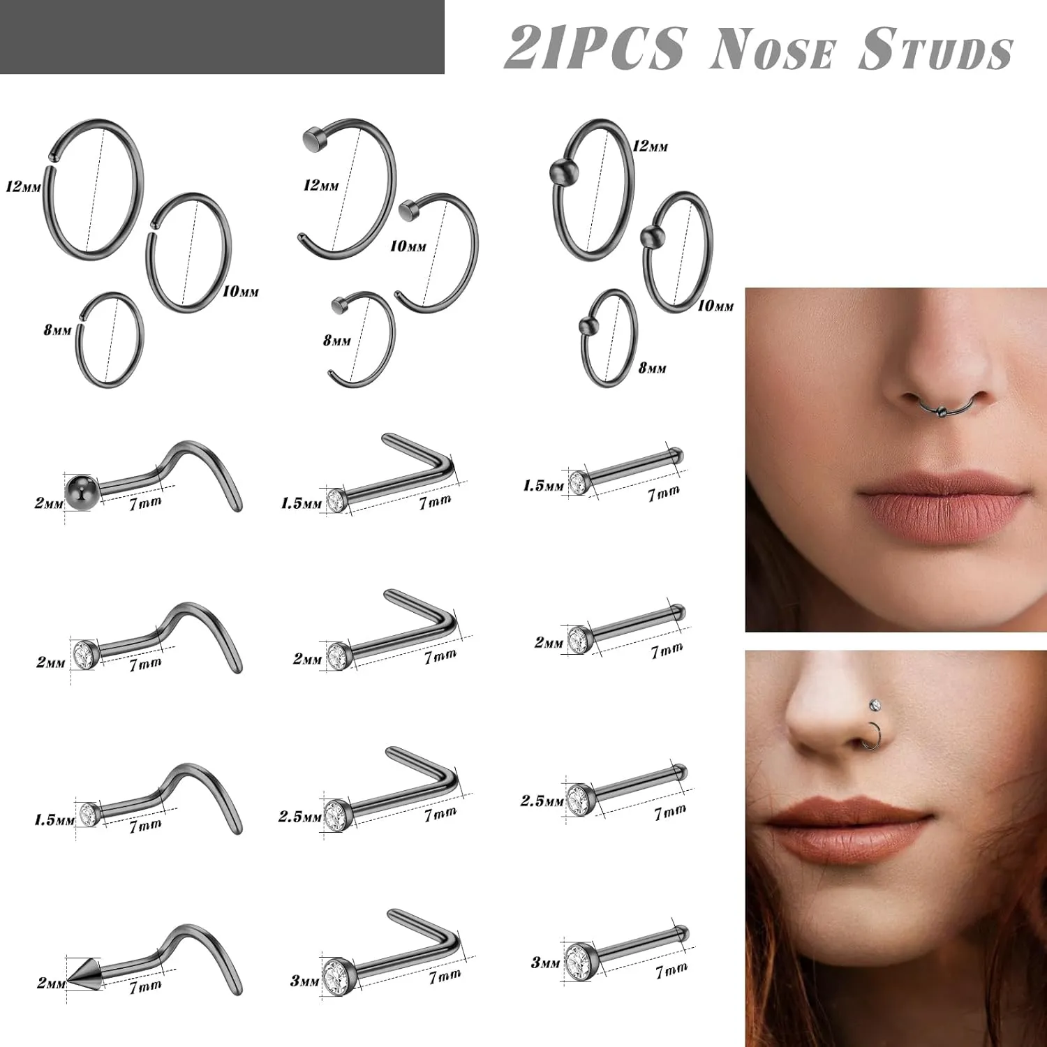 21Pcs Surgical Steel Nose Ring for Women Men - 20G Small Nose Rings Studs,Hypoallergenic Nostril Piercing Jewelry Ring Hoops Sliver 8mm/10mm/12mm