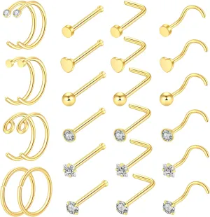26Pcs 20G Nose Rings - Hoops, L Shape & Studs - Stainless Steel for Women & Men