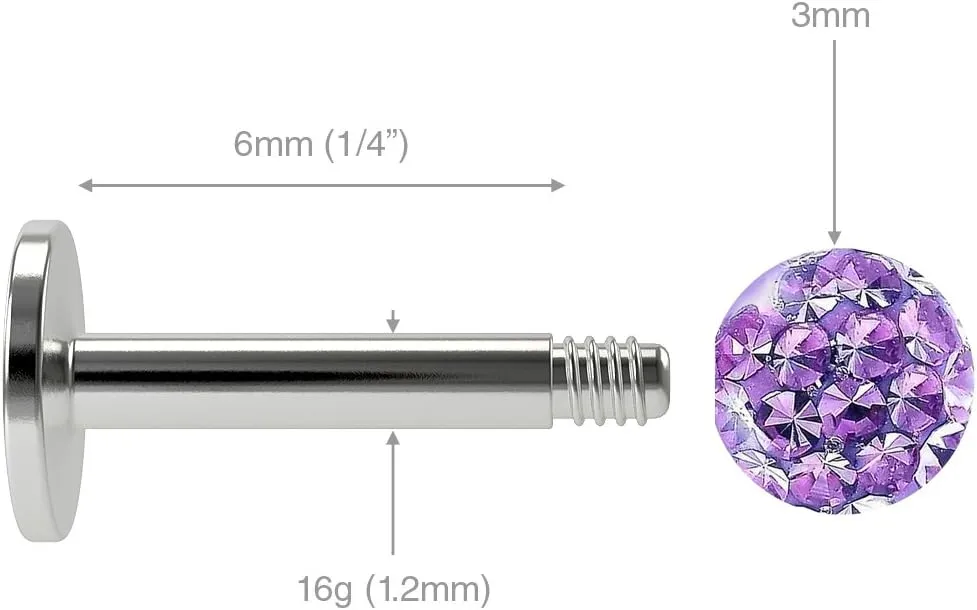 2pc 16g Crystal Labret Lip Studs crystal Cluster Earrings 8mm 5/16 Ring 3mm Sealed Ferido Ball