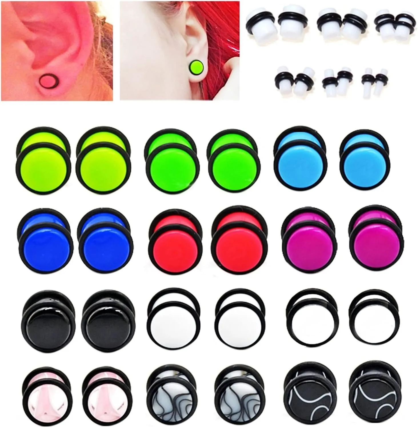 2Pcs Acrylic Tunnels for Ears, 1.6mm Gauges Plugs Black White Solid Cylinder with String Earrings Plugs and Tunnels