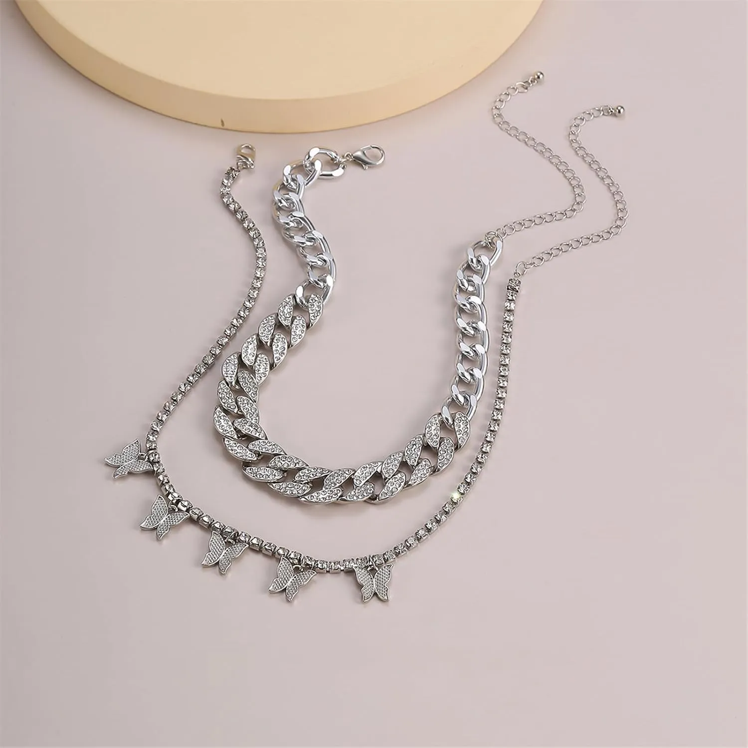 2Pcs Layered Hip Hop Shiny Rhinestone Bead Chunky Chain Butterfly Pendant Necklace Punk Crystal Cuban Link Chain Choker Collar Necklace for Women Party Birthday BarJewelry Gift