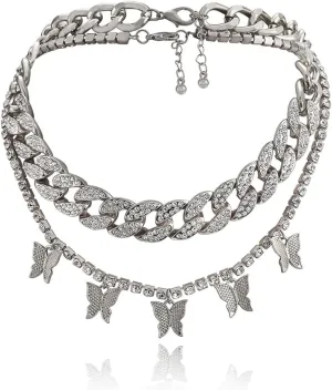 2Pcs Layered Hip Hop Shiny Rhinestone Bead Chunky Chain Butterfly Pendant Necklace Punk Crystal Cuban Link Chain Choker Collar Necklace for Women Party Birthday BarJewelry Gift