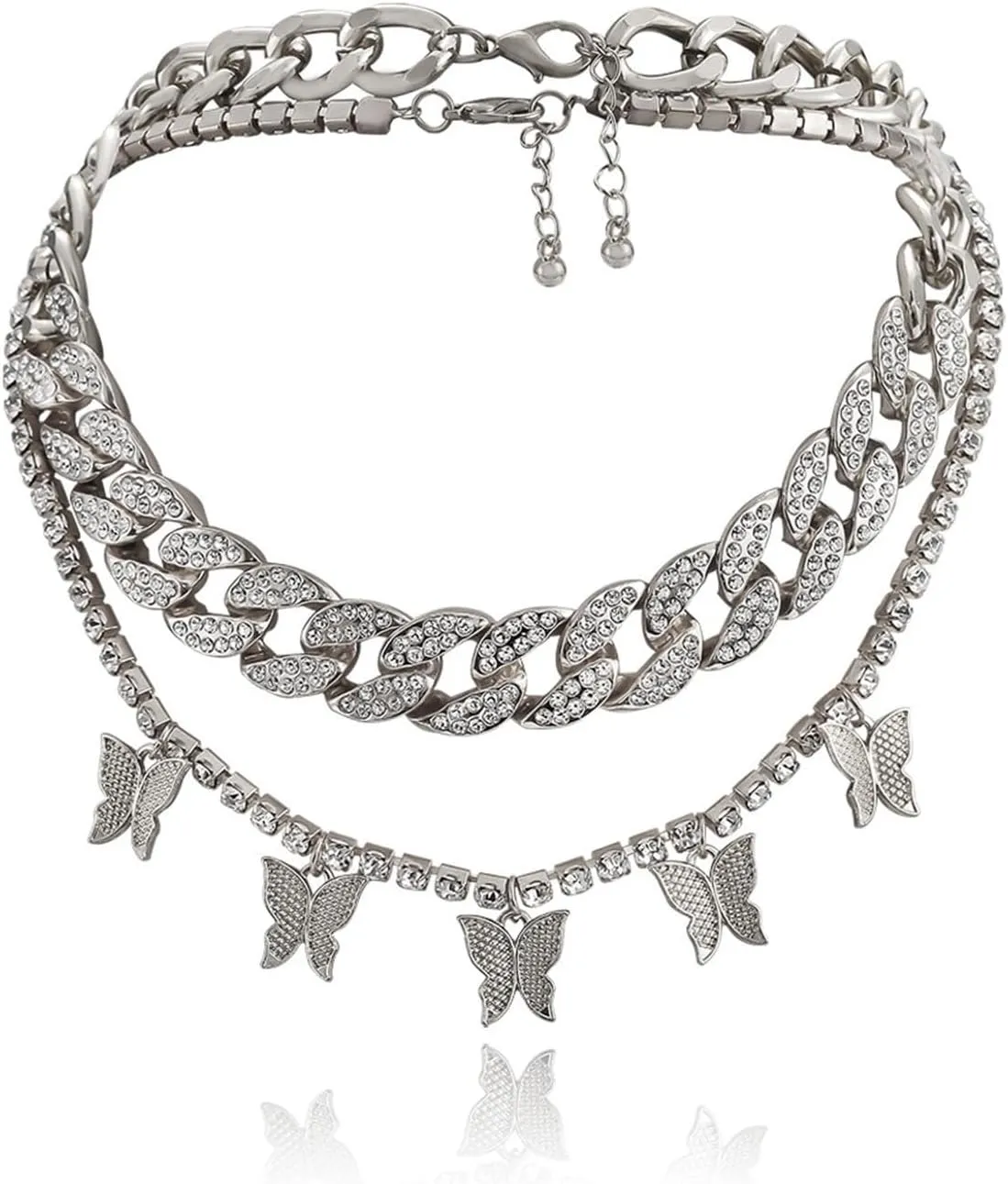 2Pcs Layered Hip Hop Shiny Rhinestone Bead Chunky Chain Butterfly Pendant Necklace Punk Crystal Cuban Link Chain Choker Collar Necklace for Women Party Birthday BarJewelry Gift