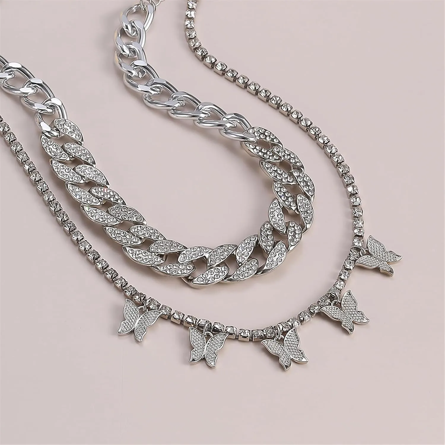 2Pcs Layered Hip Hop Shiny Rhinestone Bead Chunky Chain Butterfly Pendant Necklace Punk Crystal Cuban Link Chain Choker Collar Necklace for Women Party Birthday BarJewelry Gift