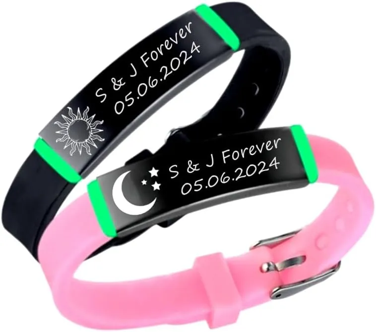 2pcs Personalized Grow in the Dark Matching Couples Bracelets Sun & Moon Luminous Silicone Wristband Set Customized Engraved His & Her Friendship Jewelry Valentine's Day Gifts for Lover Friends
