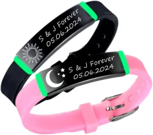 2pcs Personalized Grow in the Dark Matching Couples Bracelets Sun & Moon Luminous Silicone Wristband Set Customized Engraved His & Her Friendship Jewelry Valentine's Day Gifts for Lover Friends