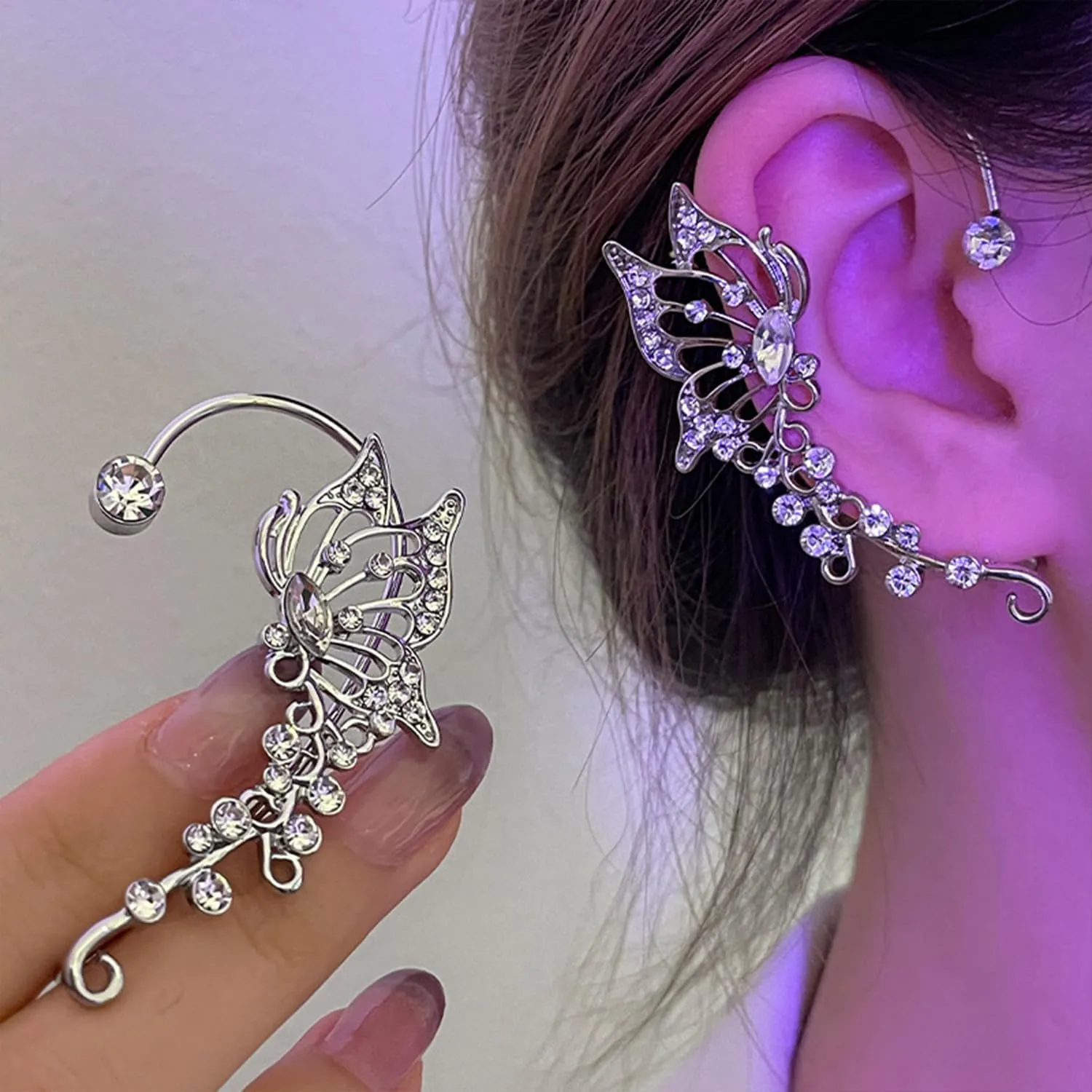 2Pcs Rhinestone Butterfly Earrings Ear Cuffs Non-Pierced Fake Earrings Butterfly Climber Wrap Around Earrings Dainty Adjustable Ear Clip Jewelry for Women Girls