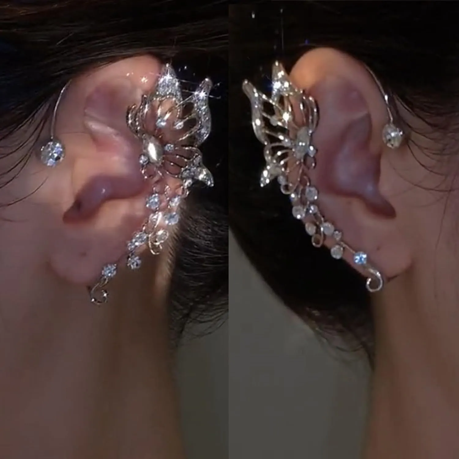 2Pcs Rhinestone Butterfly Earrings Ear Cuffs Non-Pierced Fake Earrings Butterfly Climber Wrap Around Earrings Dainty Adjustable Ear Clip Jewelry for Women Girls