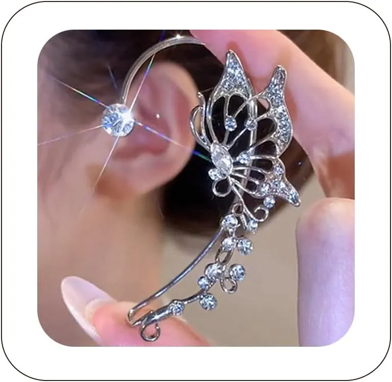 2Pcs Rhinestone Butterfly Earrings Ear Cuffs Non-Pierced Fake Earrings Butterfly Climber Wrap Around Earrings Dainty Adjustable Ear Clip Jewelry for Women Girls