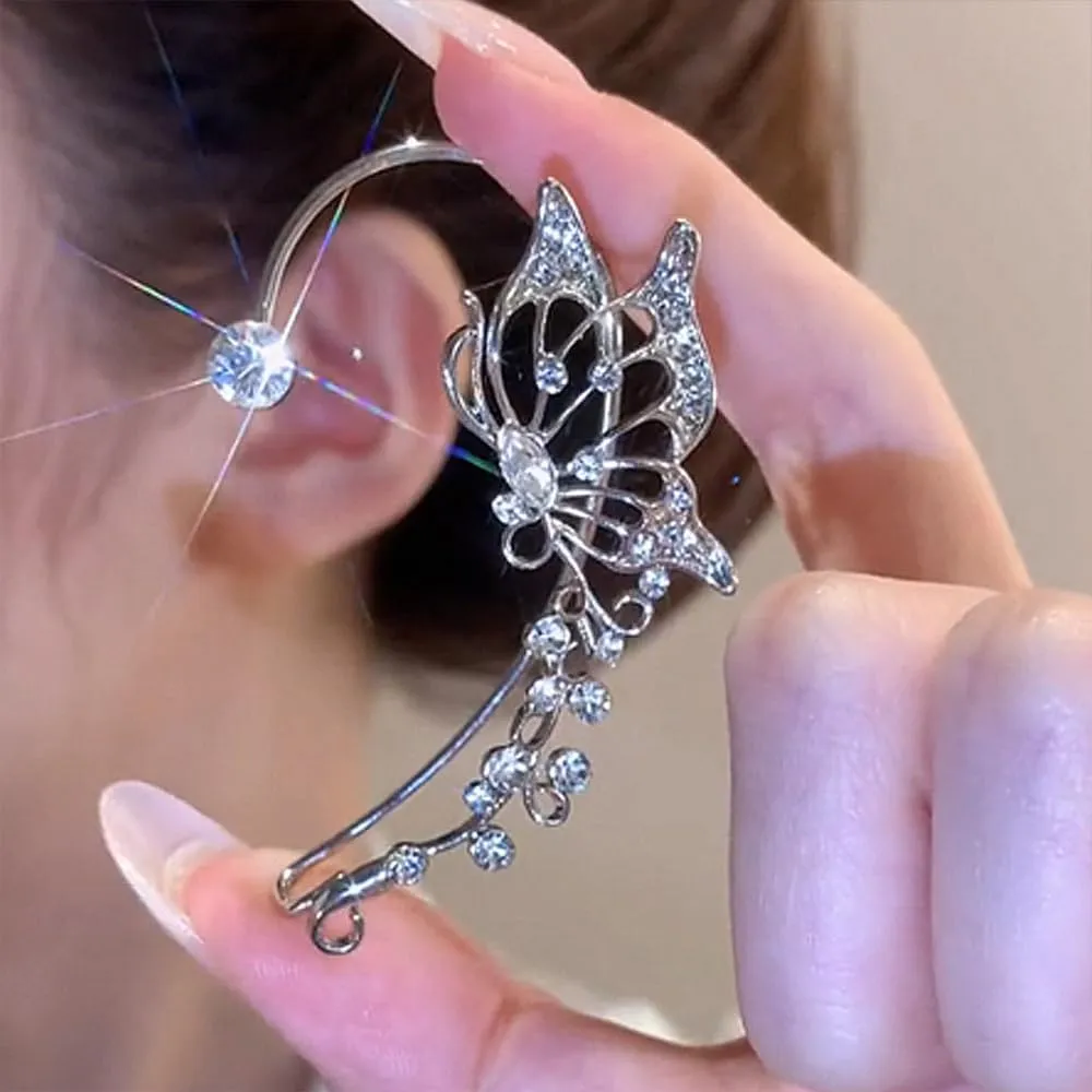 2Pcs Rhinestone Butterfly Earrings Ear Cuffs Non-Pierced Fake Earrings Butterfly Climber Wrap Around Earrings Dainty Adjustable Ear Clip Jewelry for Women Girls
