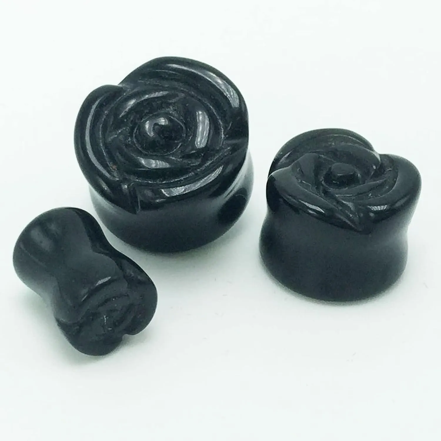 2Pcs Stone Gauged Ears, 10mm Gauge for Women Black Agate Rose Pattern Earrings Plugs and Tunnels