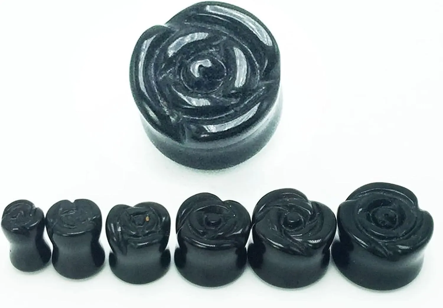 2Pcs Stone Gauged Ears, 10mm Gauge for Women Black Agate Rose Pattern Earrings Plugs and Tunnels