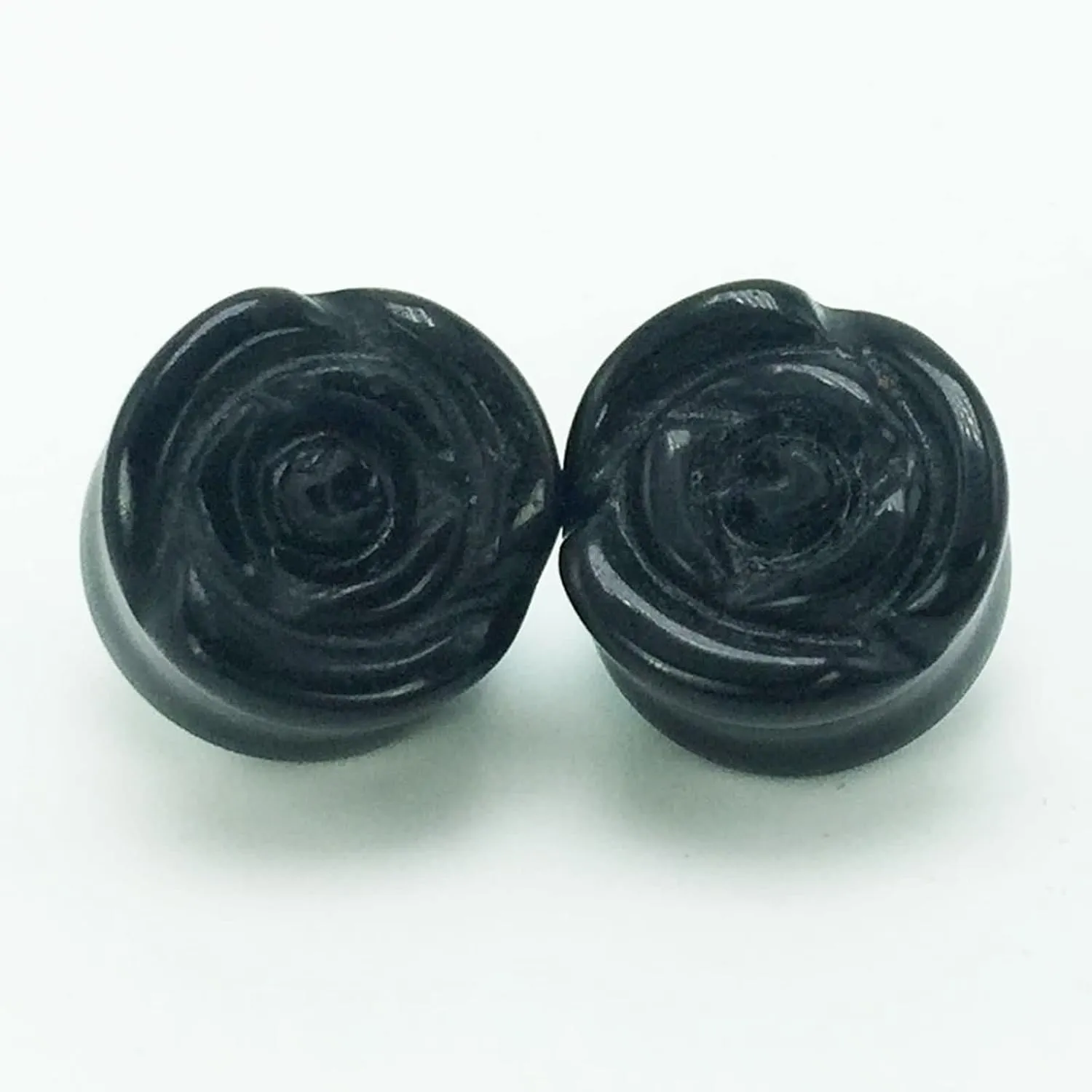 2Pcs Stone Gauged Ears, 10mm Gauge for Women Black Agate Rose Pattern Earrings Plugs and Tunnels