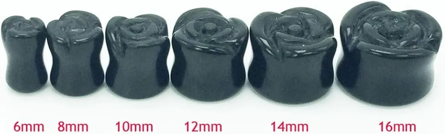 2Pcs Stone Gauged Ears, 10mm Gauge for Women Black Agate Rose Pattern Earrings Plugs and Tunnels