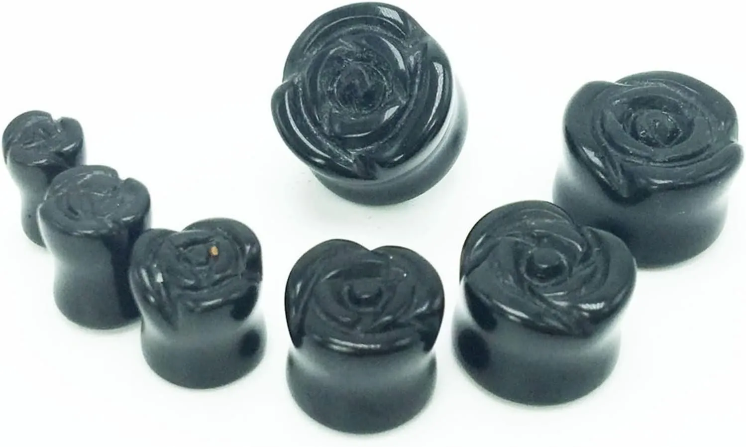 2Pcs Stone Gauged Ears, 10mm Gauge for Women Black Agate Rose Pattern Earrings Plugs and Tunnels