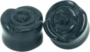 2Pcs Stone Gauged Ears, 10mm Gauge for Women Black Agate Rose Pattern Earrings Plugs and Tunnels