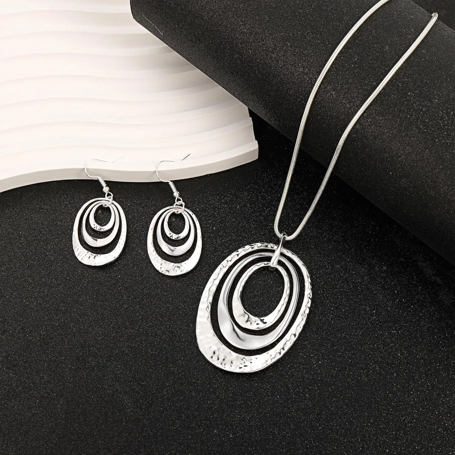 3 Circles Silver Hoop Earrings and Necklace Set for Women - 925 Plated Hypoallergenic Small Hoops