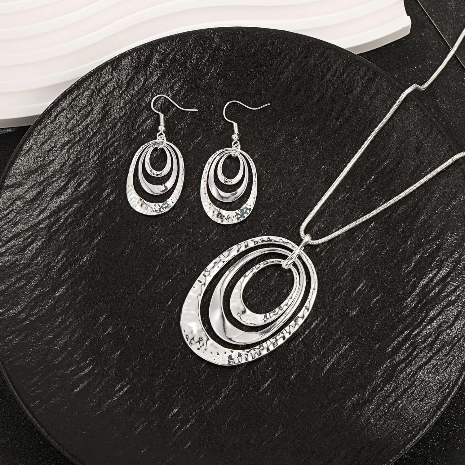 3 Circles Silver Hoop Earrings and Necklace Set for Women - 925 Plated Hypoallergenic Small Hoops