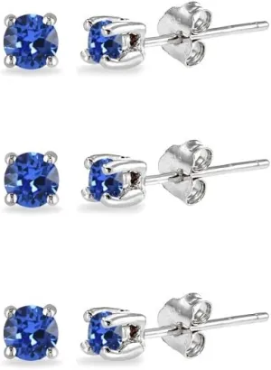 3-Pair Set Sterling Silver 3mm Round Colored European Crystals Stud Earrings Set for Women Men