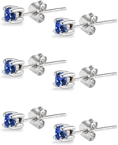 3-Pair Set Sterling Silver 3mm Round Colored European Crystals Stud Earrings Set for Women Men