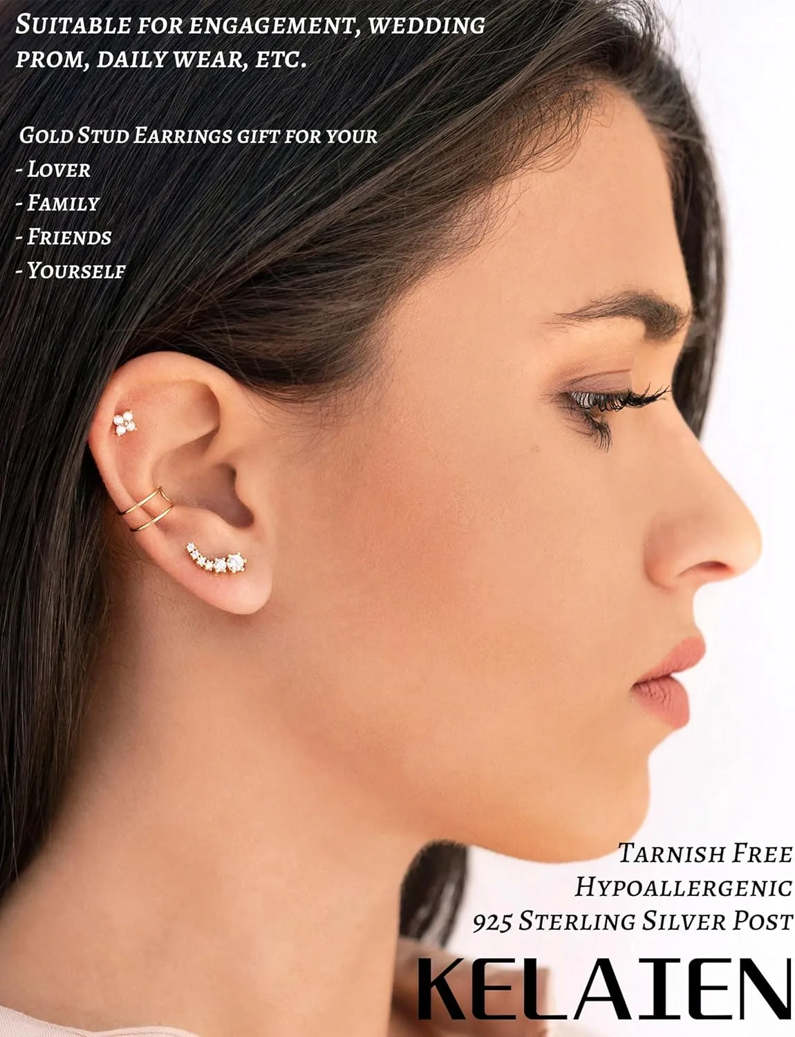3 Pairs Gold Earrings for Women Trendy 925 Sterling Silver Stud Cartilage Earrings Hypoallergenic 14K Gold Planted Pearl Cute Earring Sets for Multiple Piercing Cubic Zirconia Opal Jewelry