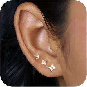 3 Pairs Gold Earrings for Women Trendy 925 Sterling Silver Stud Cartilage Earrings Hypoallergenic 14K Gold Planted Pearl Cute Earring Sets for Multiple Piercing Cubic Zirconia Opal Jewelry