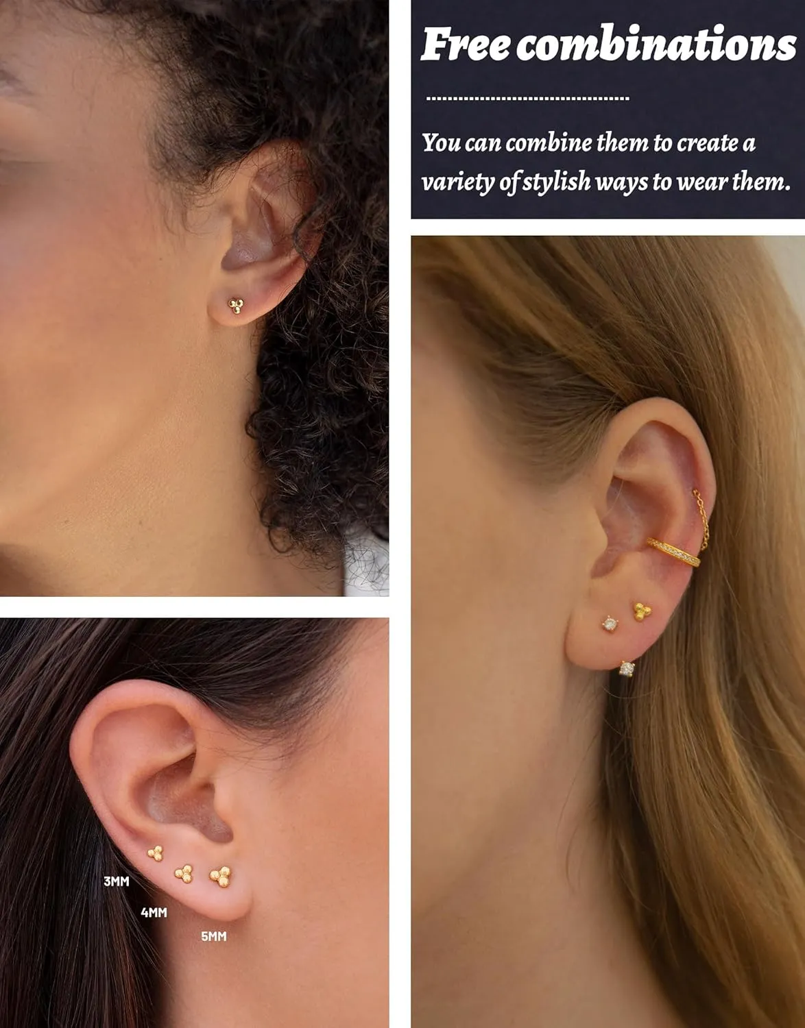 3 Pairs Gold Earrings for Women Trendy 925 Sterling Silver Stud Cartilage Earrings Hypoallergenic 14K Gold Planted Pearl Cute Earring Sets for Multiple Piercing Cubic Zirconia Opal Jewelry