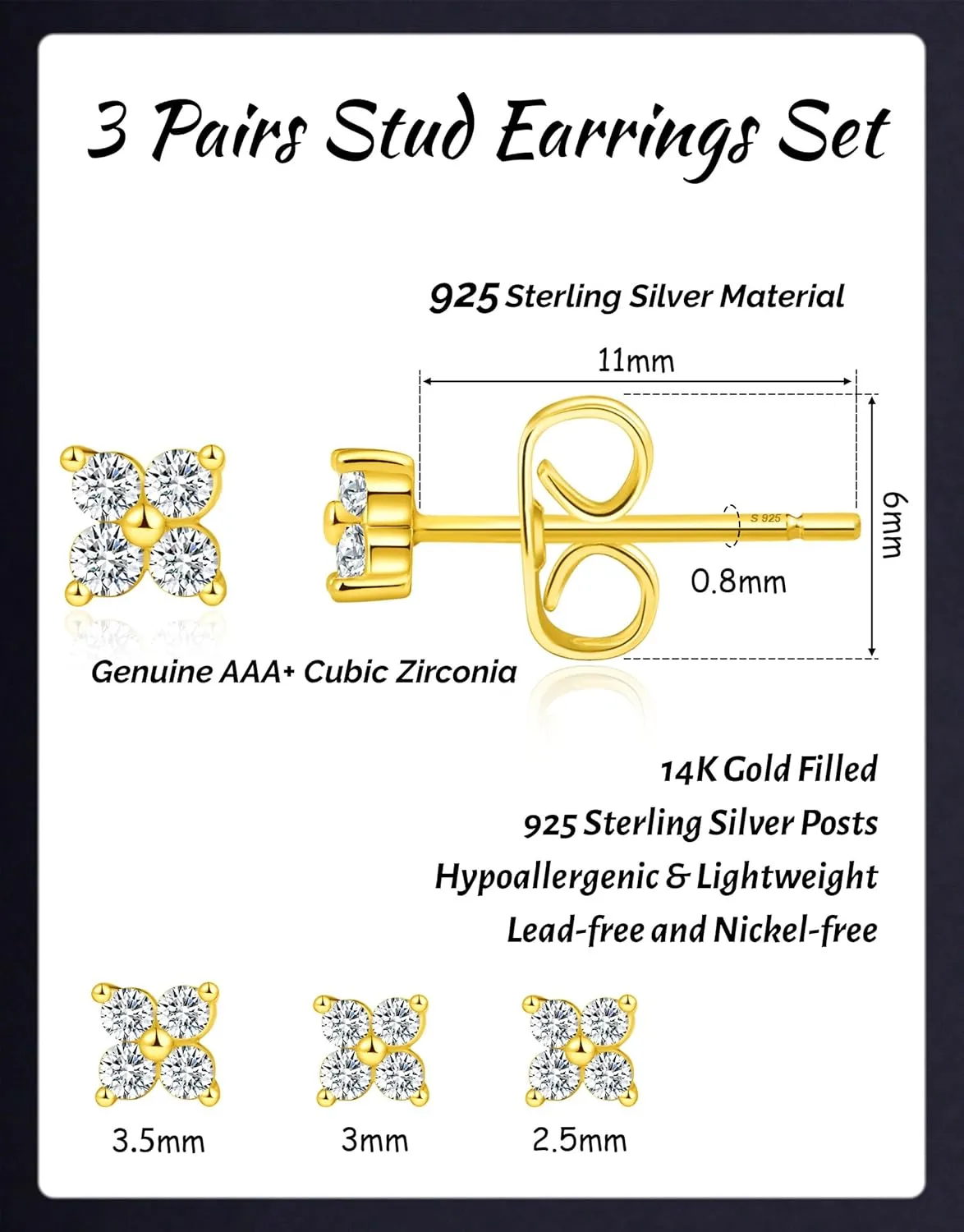 3 Pairs Gold Earrings for Women Trendy 925 Sterling Silver Stud Cartilage Earrings Hypoallergenic 14K Gold Planted Pearl Cute Earring Sets for Multiple Piercing Cubic Zirconia Opal Jewelry