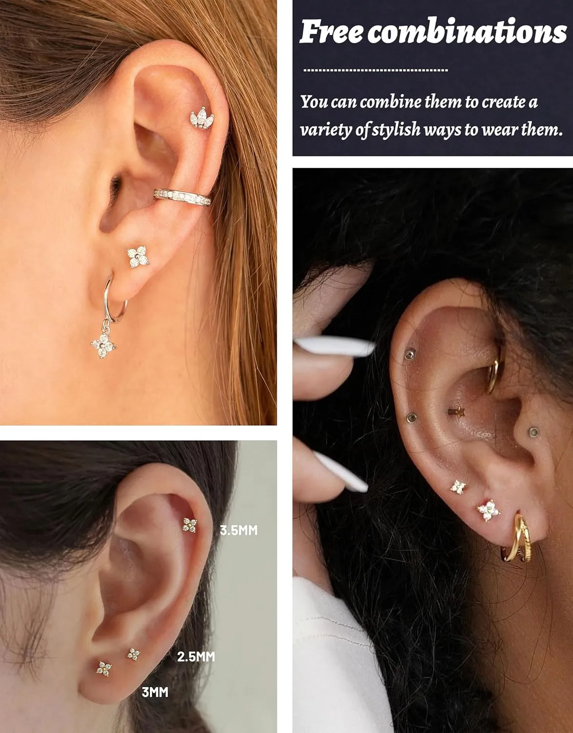3 Pairs Gold Earrings for Women Trendy 925 Sterling Silver Stud Cartilage Earrings Hypoallergenic 14K Gold Planted Pearl Cute Earring Sets for Multiple Piercing Cubic Zirconia Opal Jewelry