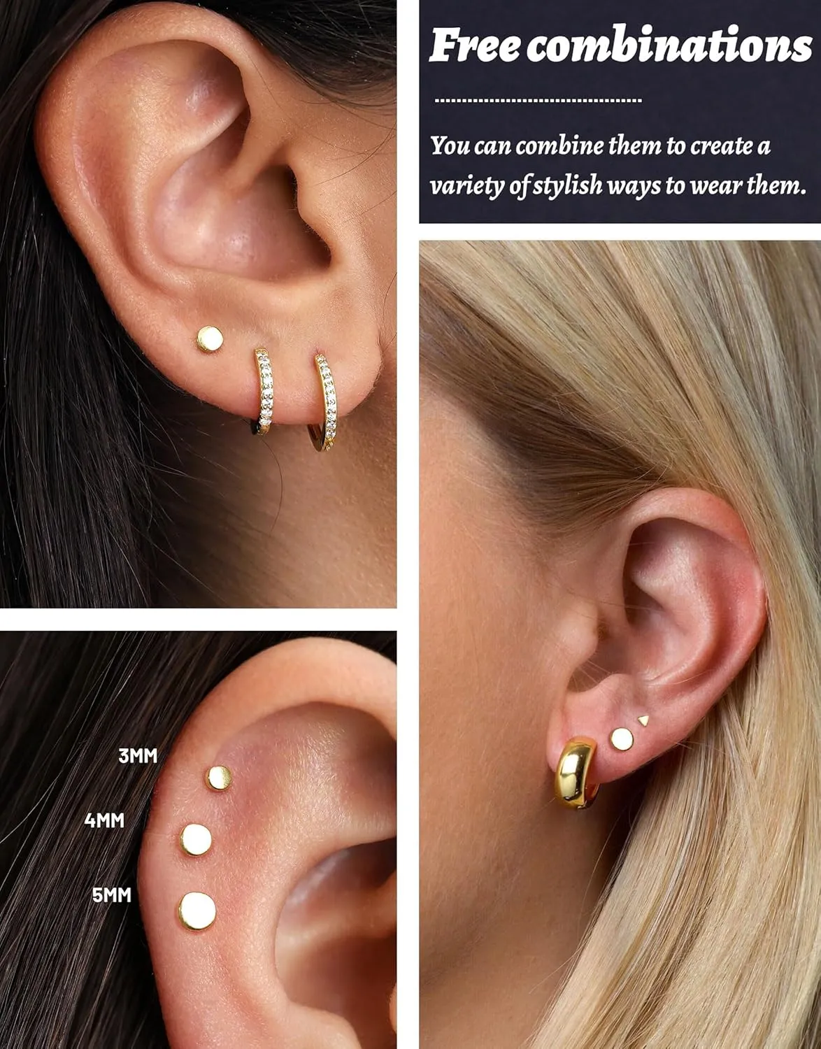 3 Pairs Gold Earrings for Women Trendy 925 Sterling Silver Stud Cartilage Earrings Hypoallergenic 14K Gold Planted Pearl Cute Earring Sets for Multiple Piercing Cubic Zirconia Opal Jewelry