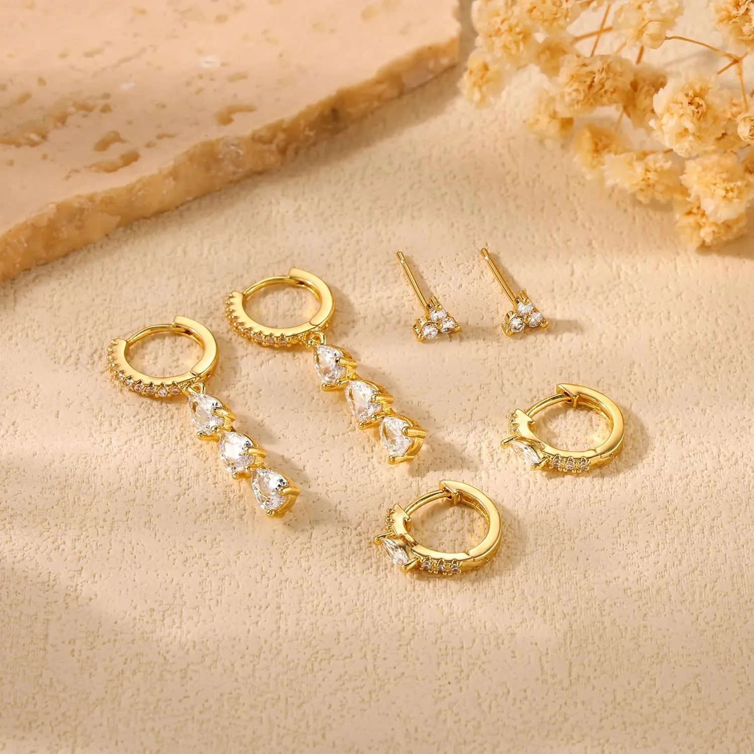 3 Pairs Gold Hoop Earrings Set for Women: Trendy Hypoallergenic Cartilage Stud Earrings for Women Dainty 14k Gold Plated Small Huggie Hoop Stacks Dangle Earring for Womens Jewelry