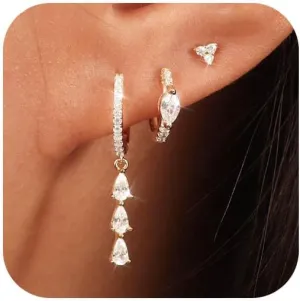 3 Pairs Gold Hoop Earrings Set for Women: Trendy Hypoallergenic Cartilage Stud Earrings for Women Dainty 14k Gold Plated Small Huggie Hoop Stacks Dangle Earring for Womens Jewelry