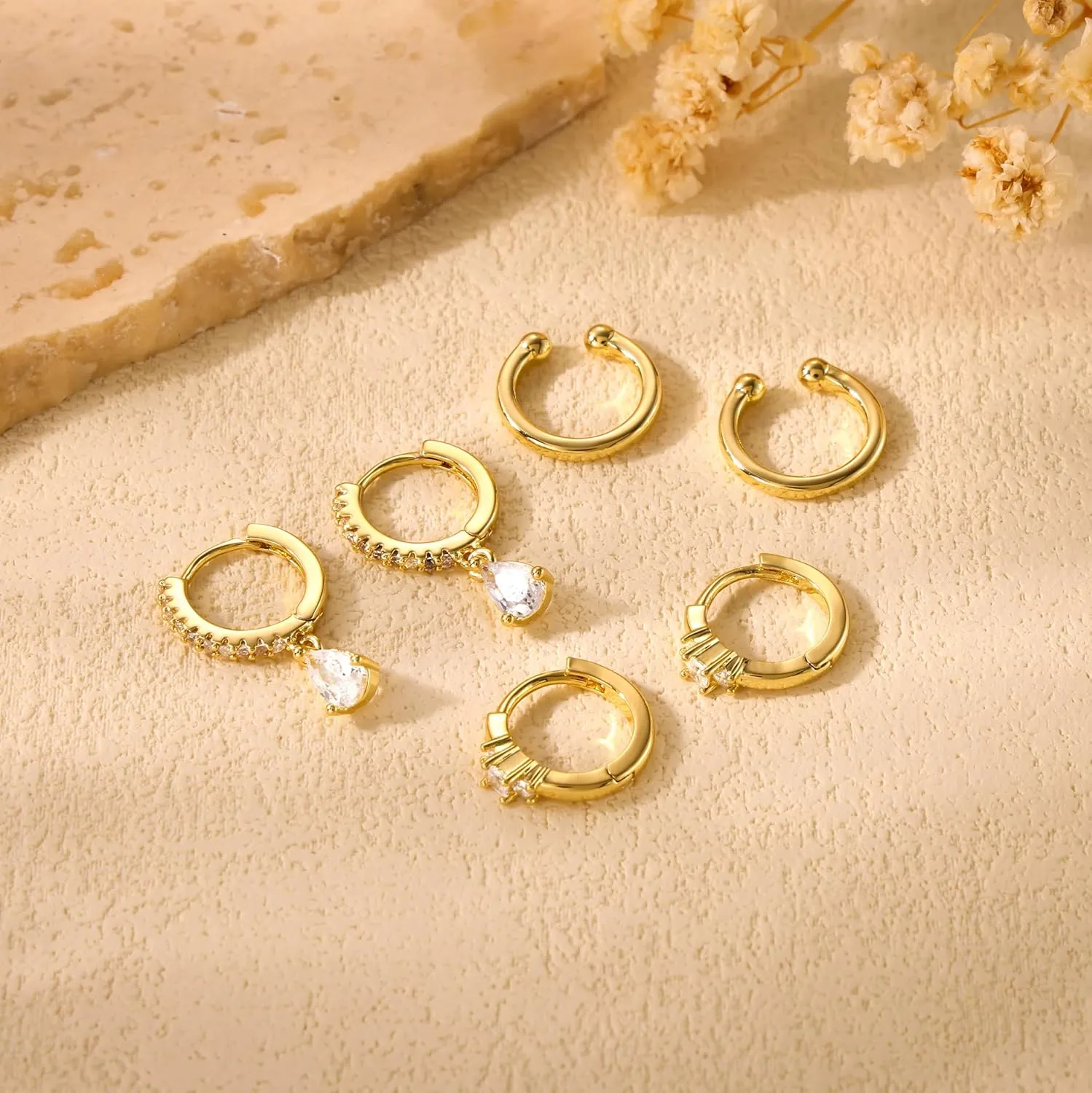 3 Pairs Gold Hoop Earrings Set for Women: Trendy Hypoallergenic Cartilage Stud Earrings for Women Dainty 14k Gold Plated Small Huggie Hoop Stacks Dangle Earring for Womens Jewelry