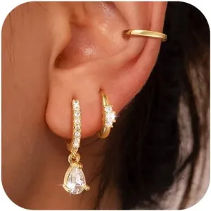 3 Pairs Gold Hoop Earrings Set for Women: Trendy Hypoallergenic Cartilage Stud Earrings for Women Dainty 14k Gold Plated Small Huggie Hoop Stacks Dangle Earring for Womens Jewelry