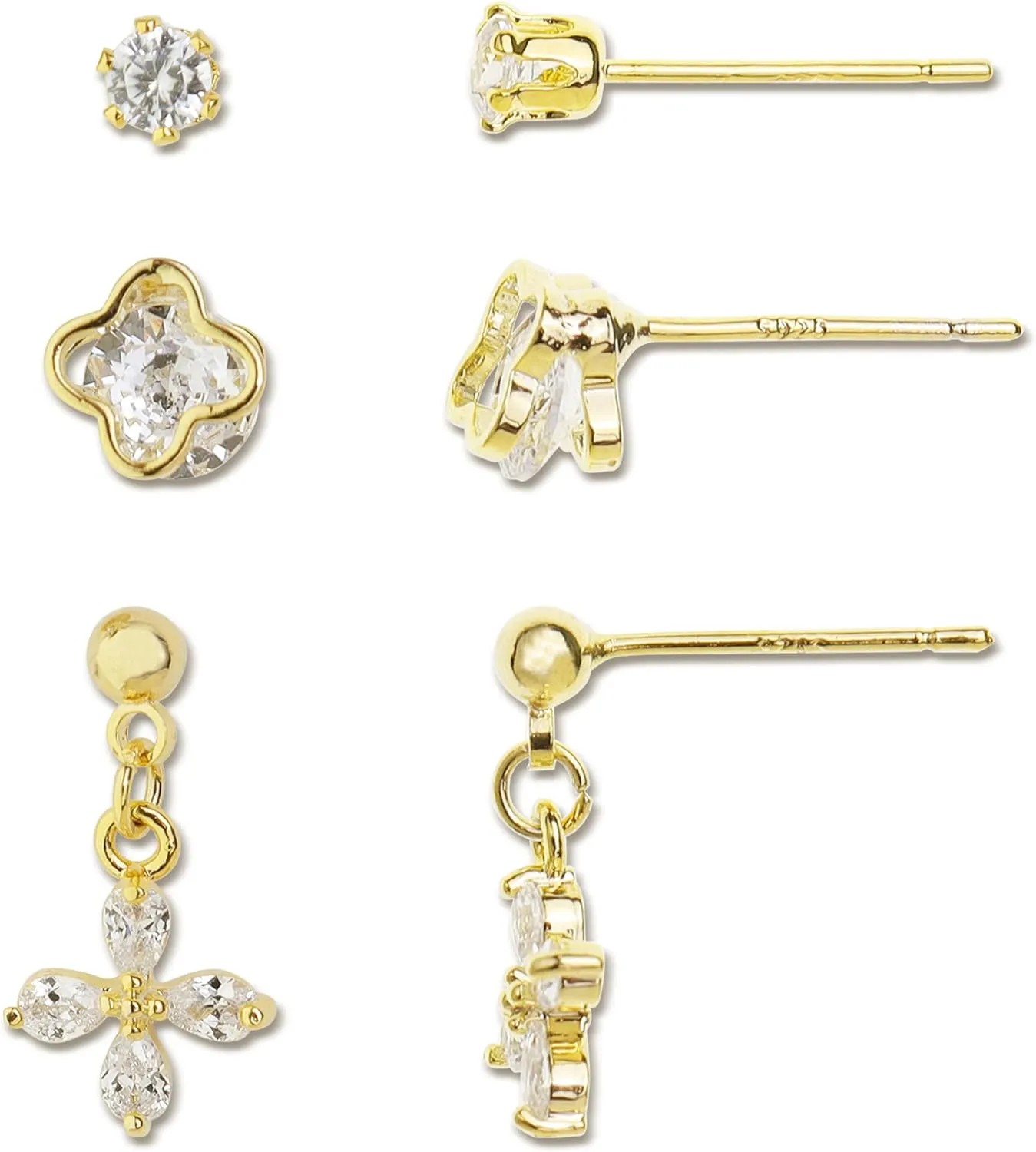 3 PCS Tiny Stud Earrings Set for Women - Cute Dainty Crystal CZ Diamond Rhinestone Hypoallergenic Minimalist Small Cartilage Ear Multriple Piercing Earring Jewelry Gift