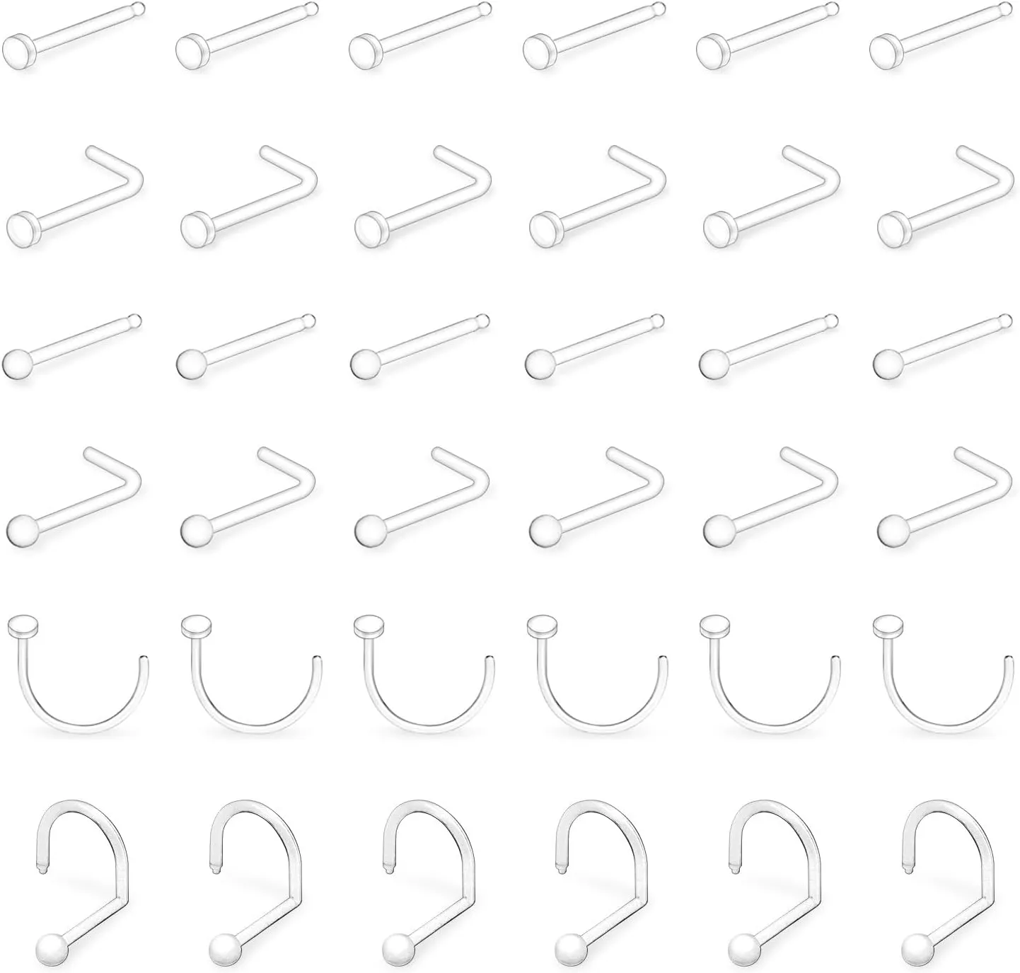 36Pcs 20g Small Clear Nose Studs Rings Retainers for Surgery Work Bioflex Plastic Flexible L Shape Flat Top Nose Corkscrew Nostril Bone Piercing Spacers Jewelry