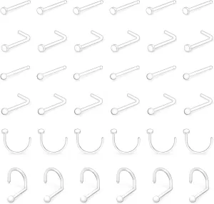 36Pcs 20g Small Clear Nose Studs Rings Retainers for Surgery Work Bioflex Plastic Flexible L Shape Flat Top Nose Corkscrew Nostril Bone Piercing Spacers Jewelry