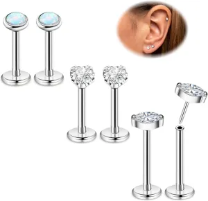 3Pairs 16G 18G Titanium Stud Earrings for Women - Push in Cartilage Helix Tragus Studs - CZ Opal Flat Back - Lip Labret Monroe Nostril - Party, Christmas, Graduation, Beach