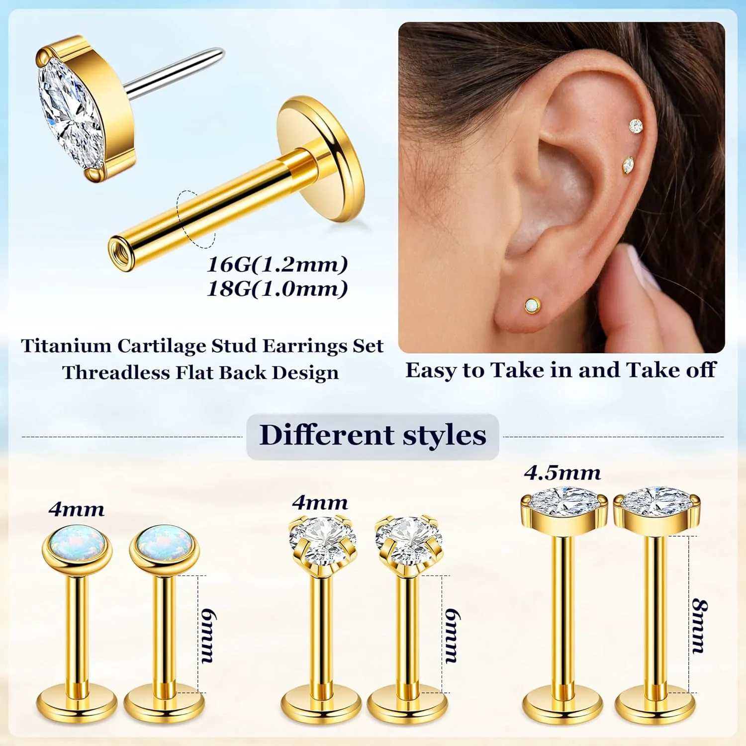 3Pairs 16G 18G Titanium Stud Earrings for Women - Push in Cartilage Helix Tragus Studs - CZ Opal Flat Back - Lip Labret Monroe Nostril - Party, Christmas, Graduation, Beach
